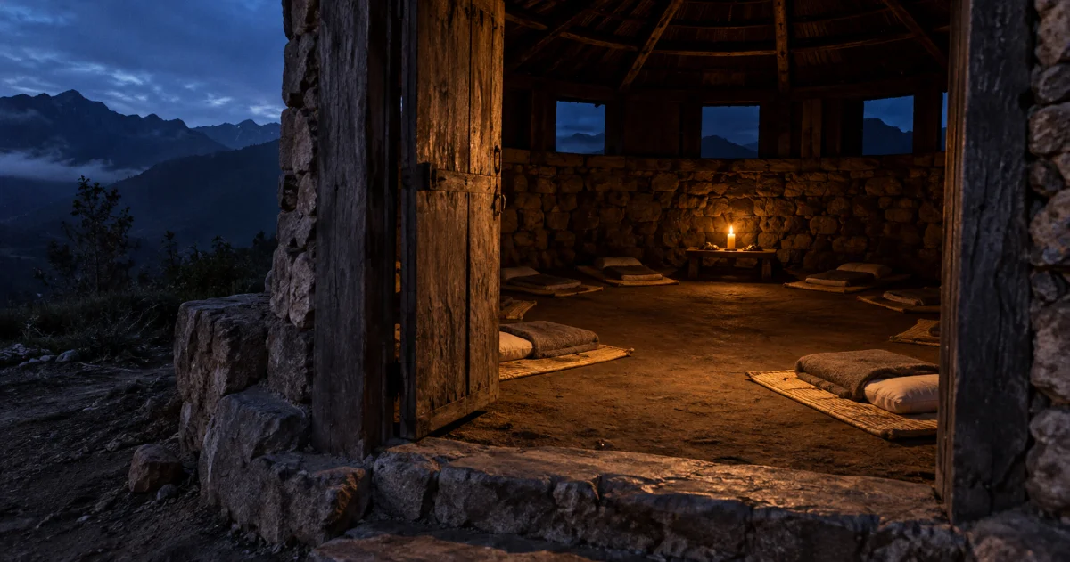 Open doorway into a dark stone ceremony room with mats in a ring, is ayahuasca scary before you go in