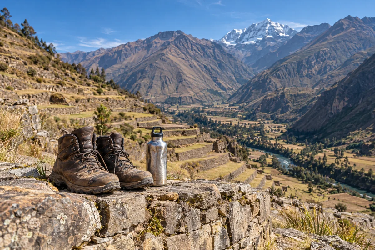 Hiking boots and water bottle on a Sacred Valley terrace, physical preparation for an ayahuasca retreat