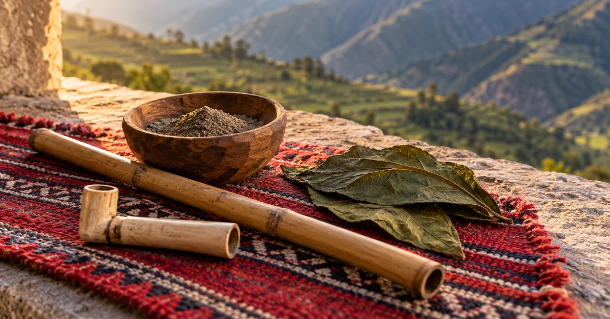 Rapé (hapé) snuff in a carved wooden bowl with a tepi and a kuripe on an Andean textile