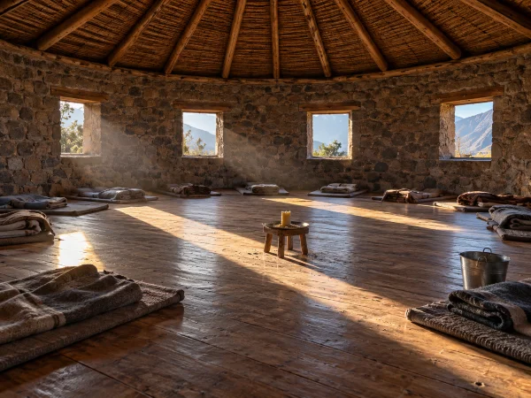 Empty stone maloca the morning after an ayahuasca ceremony, mats and blankets still in place