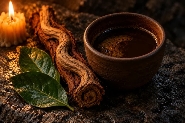 Ayahuasca brew in a dark ceramic cup with caapi vine and chacruna leaf on wet stone