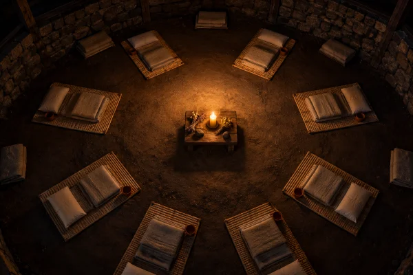 Ring of empty ceremony mats seen from above with blankets and clay cups, the group in an ayahuasca room