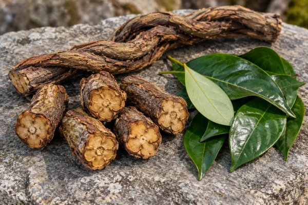 Cut caapi vine sections and chacruna leaves, the 2 plants in ayahuasca brew, on a grey stone slab