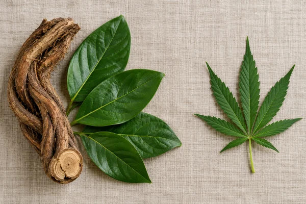 Caapi vine and chacruna leaves beside a cannabis leaf, the plants behind ayahuasca for weed addiction
