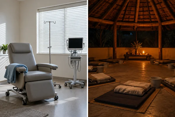 Ketamine clinic treatment chair beside an empty ayahuasca ceremony room with mats and 1 candle