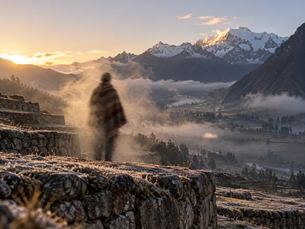 Silhouette dissolving into Andean mist at dawn, illustrating ego dissolution on ayahuasca
