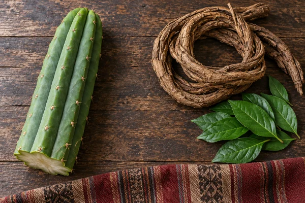 San Pedro cactus beside ayahuasca vine and chacruna leaves, the 2 medicines this Peru legal guide covers