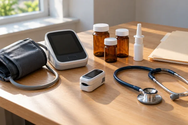 Blood pressure cuff, pill bottles and nasal spray on a desk, the checks before ayahuasca after ketamine