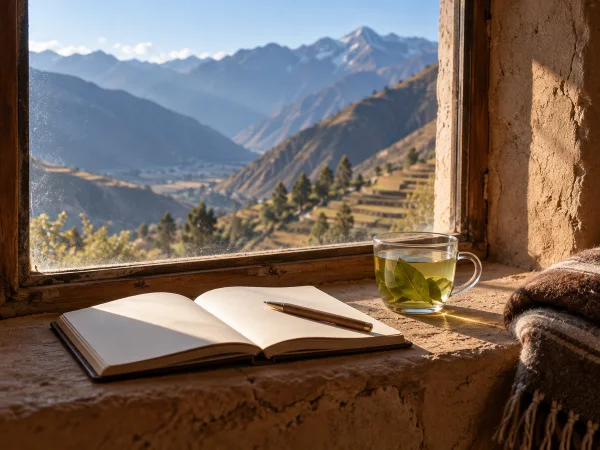 Blank journal and coca tea on a cabana window seat the morning after an ayahuasca ceremony