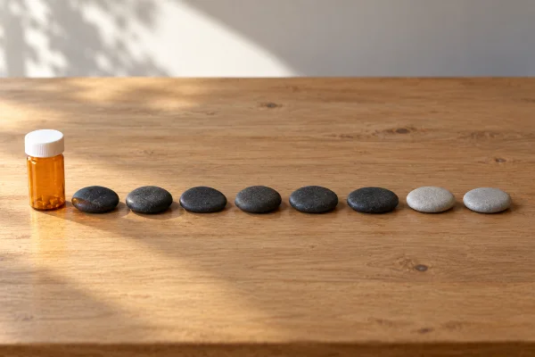8 stones beside a pill bottle: 6 weeks off an SSRI before ayahuasca, 2 more for fluoxetine