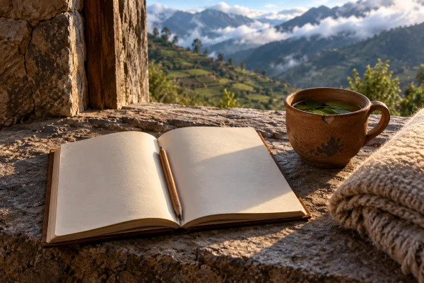 Open blank journal and pencil on a stone ledge at dawn, the morning after an ayahuasca ceremony