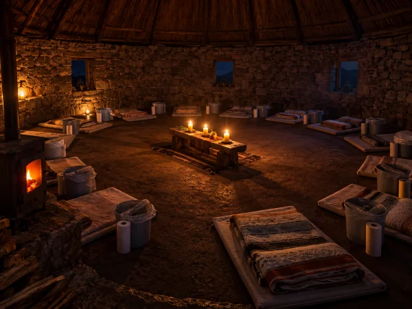Empty mats and blankets in a candlelit maloca during a night ayahuasca ceremony in Peru