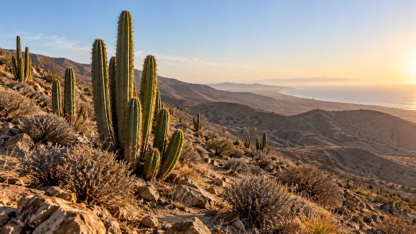 Columnar San Pedro cacti on a dry northern Peru coastal hillside, the plant Peru named at the UN in 1981