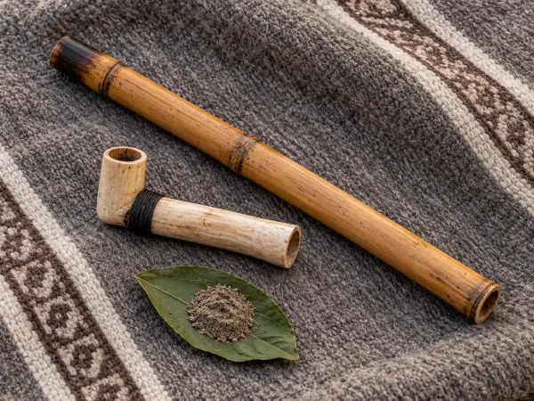 Tepi and kuripe, the 2 pipes used to receive rapé, side by side on an Andean wool blanket