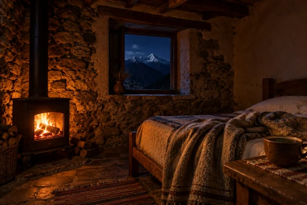 Stone guest room at night in the Andes, the acclimatization nights after you stop smoking weed
