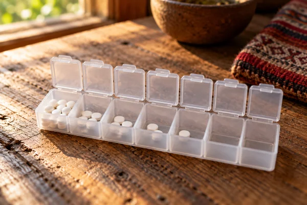 Pill organizer with fewer tablets each day, showing a supervised antidepressant taper before ayahuasca