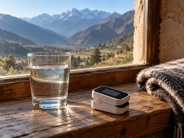 Pulse oximeter and water on a windowsill at 2,900 meters, used to check a headache after ayahuasca