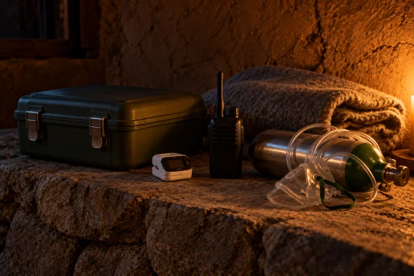 Pulse oximeter, radio and oxygen cylinder on a stone bench, medical cover during an ayahuasca ceremony