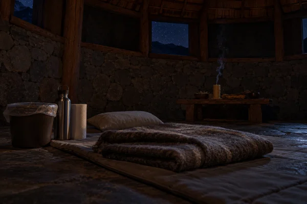 Ceremony mat with an alpaca blanket, a lined bucket and a water bottle in a dark stone room at night