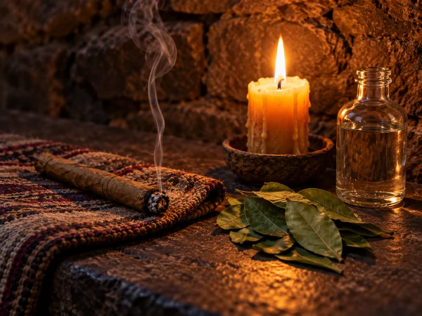 Mapacho tobacco with a thin trail of smoke beside a beeswax candle and coca leaves on a ceremony altar