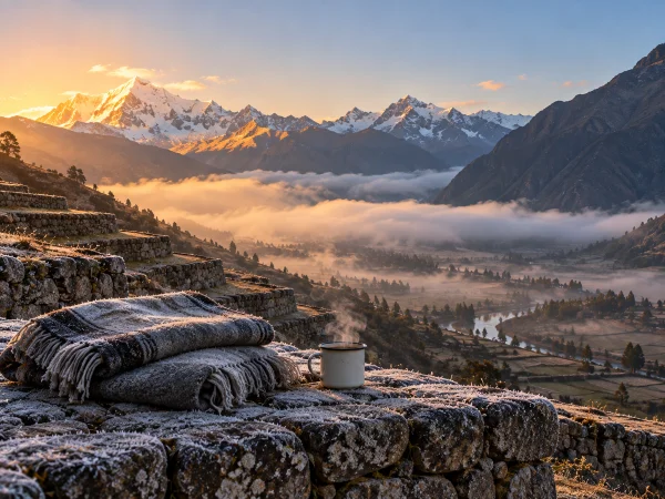 Stone terrace at dawn above the Sacred Valley where guests sit after an ayahuasca ceremony