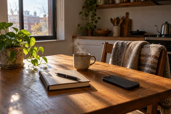 Kitchen table at home in morning light, the first month after ayahuasca for weed addiction