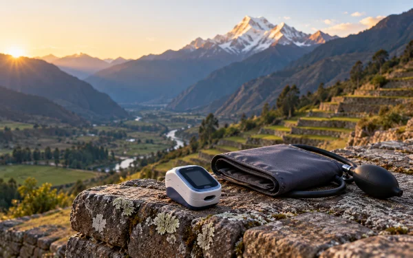 Pulse oximeter on a stone terrace wall in the Sacred Valley, for altitude checks before ayahuasca ceremonies