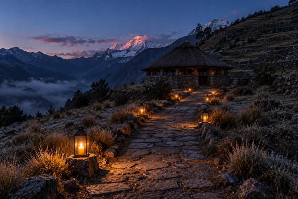Lantern-lit stone path climbing to a dark building at dusk, arriving at an ayahuasca retreat