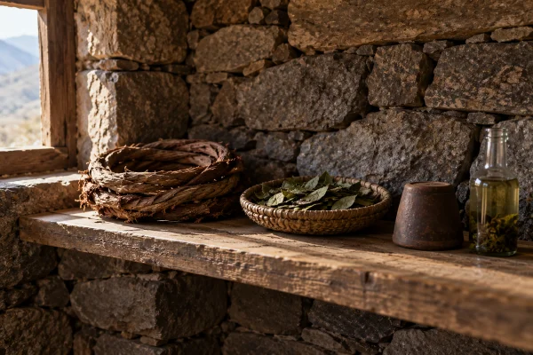 Coiled caapi vine and dried chacruna on a stone shelf at a Sacred Valley ayahuasca retreat